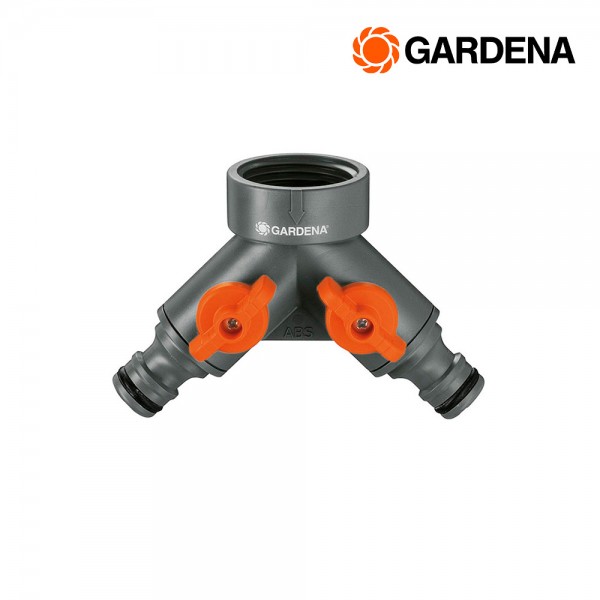 Distribuidor de 2 vías con válvulas para grifo de rosca ½ pulg - ¾ pulg, blister