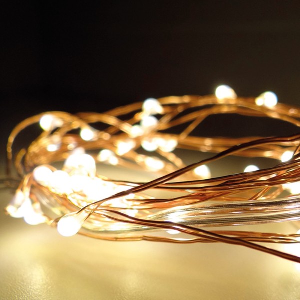 Guirnalda a pilas, función fija, uso interior, blanco cálido, cable alambre cobre, 40 leds, 195 cm